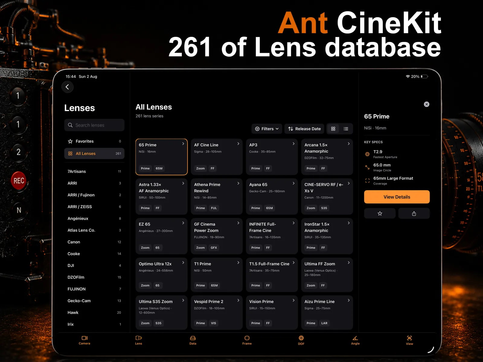 Ant CineKit cinema lens database on iPad