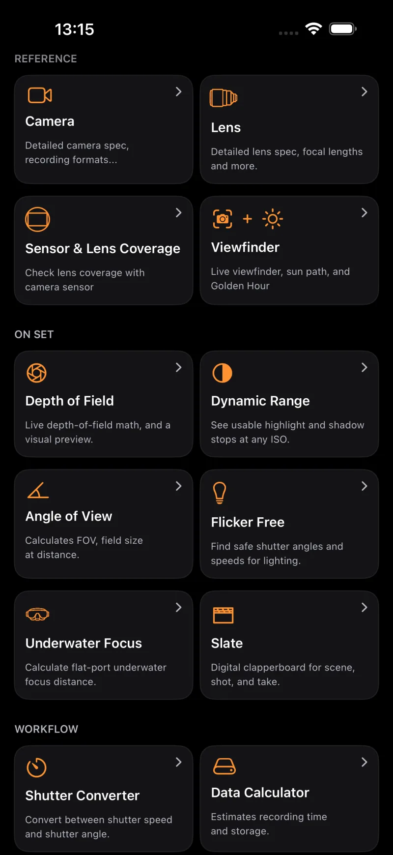 Ant CineKit tools screen listing all 14 calculators and databases