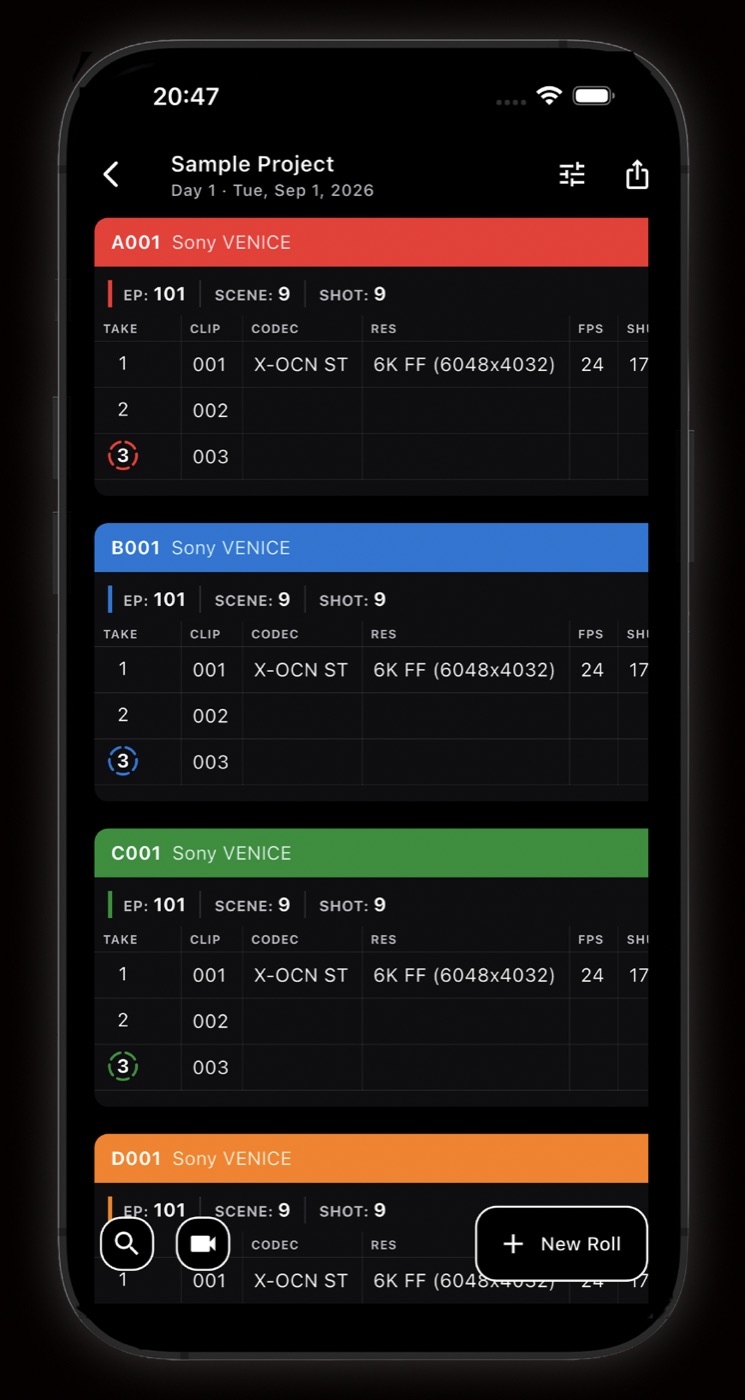 AntTake roll sheet showing rolls A001 to D001 with take, clip, codec, resolution and FPS columns