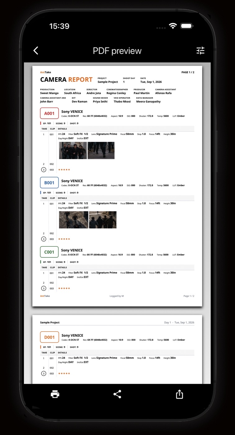 PDF camera report with production details, camera settings per roll and take thumbnails