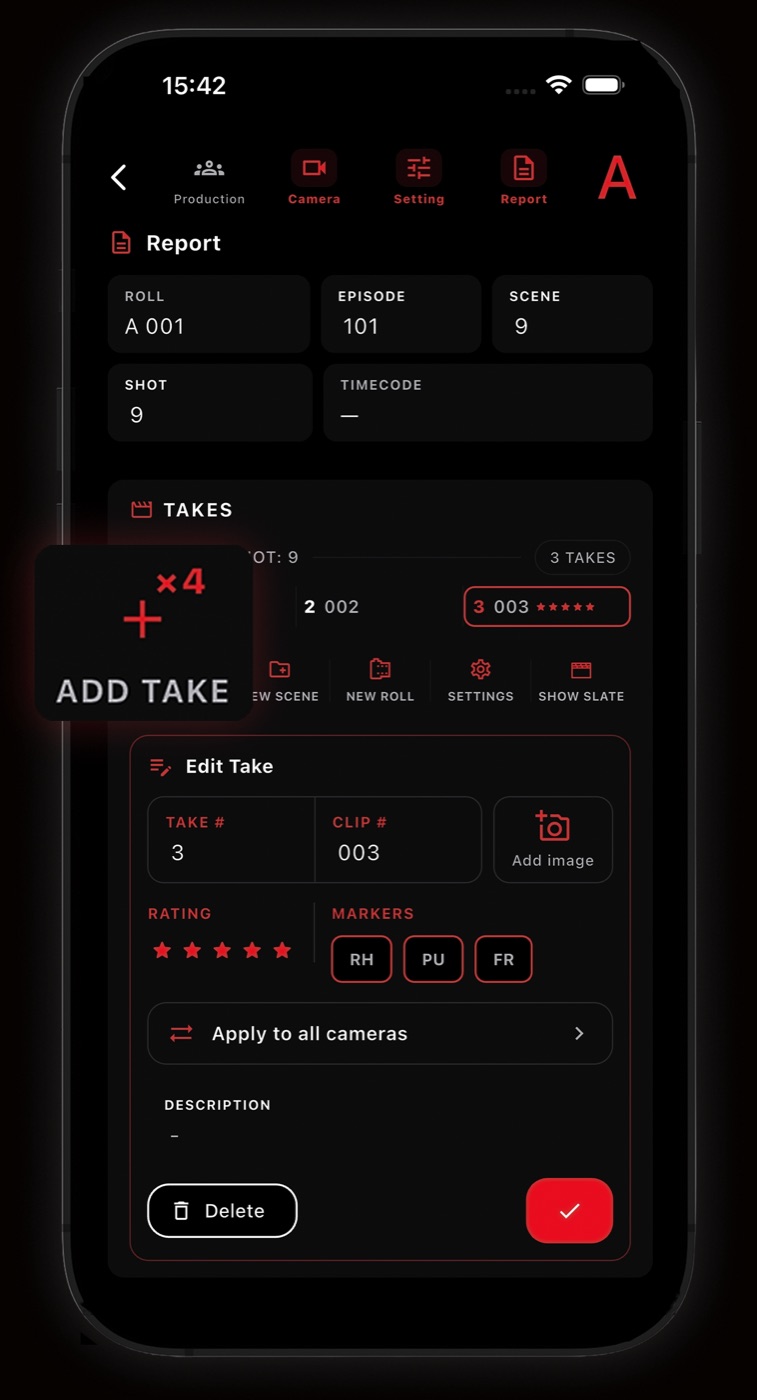 Add Take button logging one take on four cameras