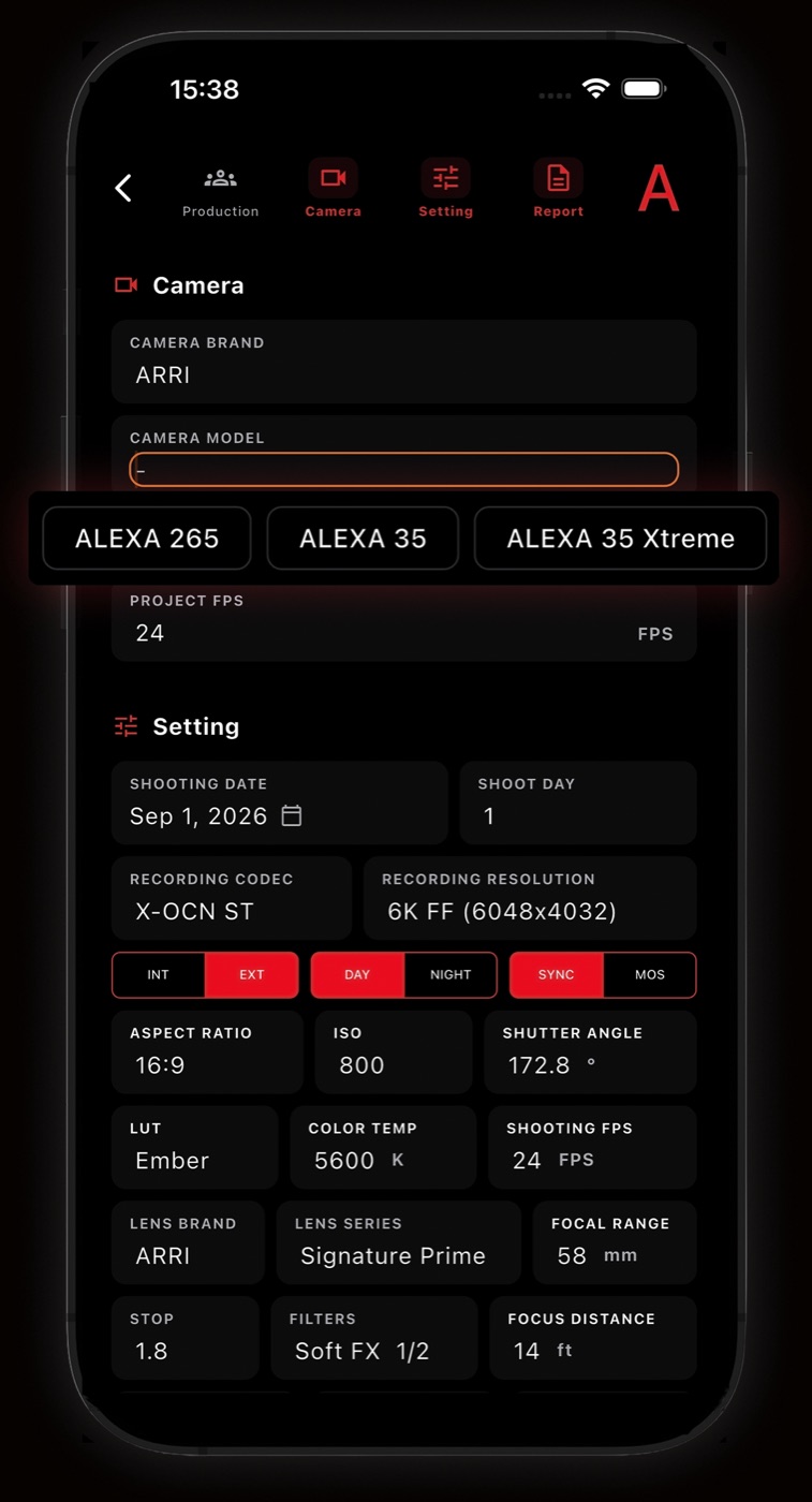 Camera model field suggesting ALEXA 265, ALEXA 35 and ALEXA 35 Xtreme