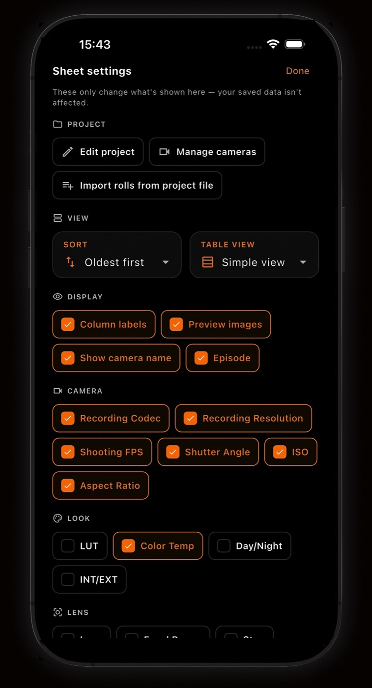 Sheet settings with toggles for codec, resolution, FPS, shutter, ISO and aspect ratio