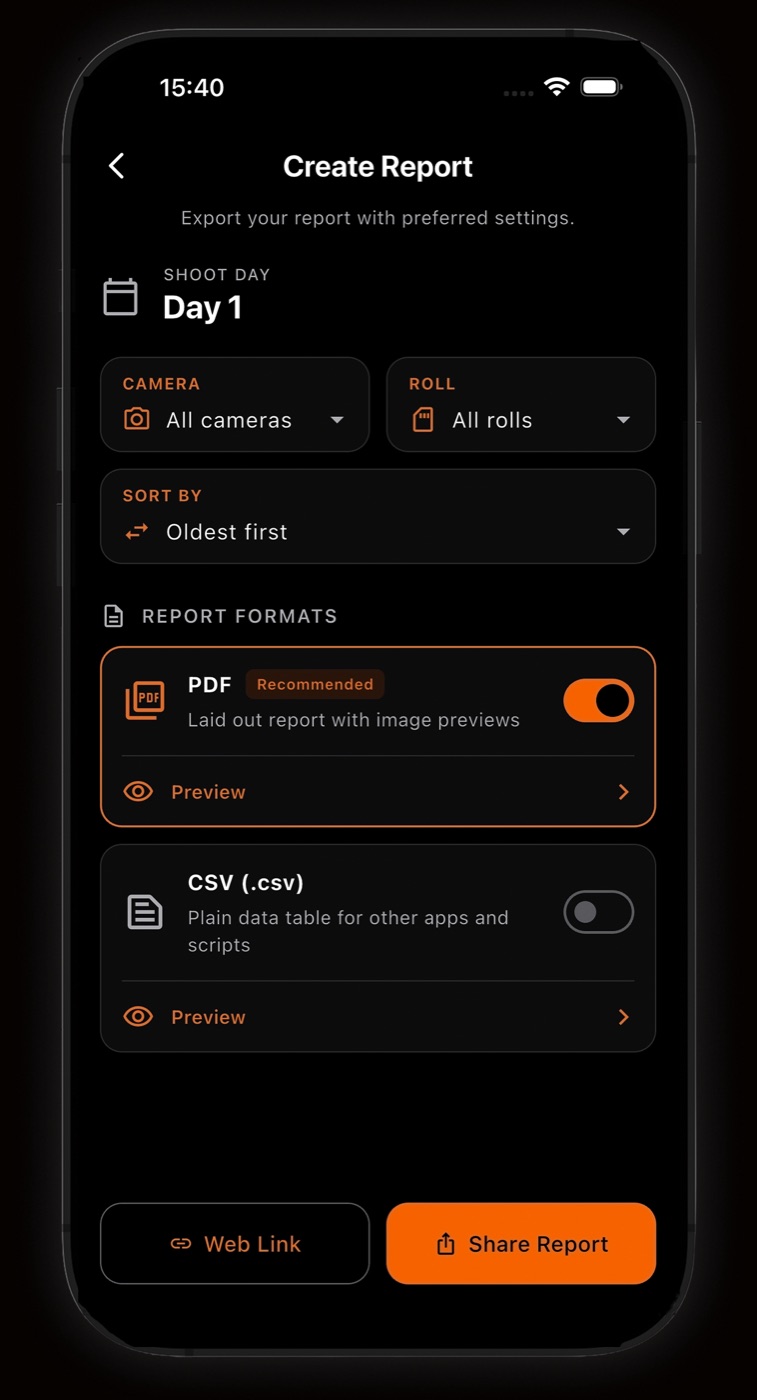 Create Report screen with camera and roll filters and PDF and CSV format toggles