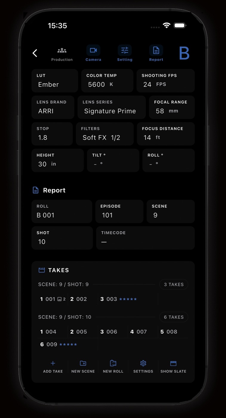Roll entry form with lens, stop, focus distance and takes grouped by scene and shot
