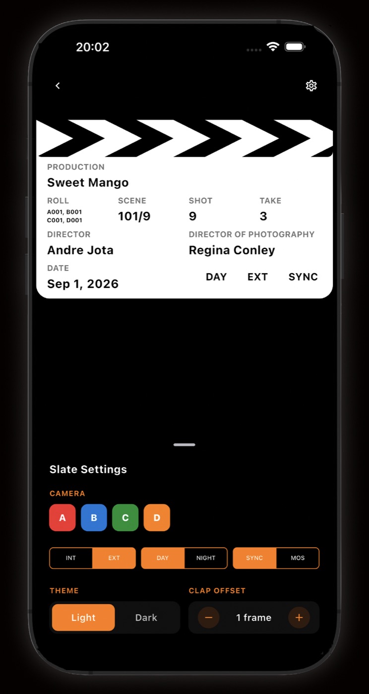 Full-screen digital slate showing production, rolls A001 to D001, scene, shot and take, with slate settings below